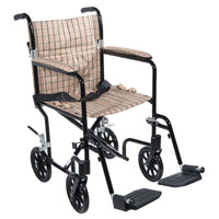 Flyweight Lightweight Folding Transport Wheelchair, 19", Black Frame, Tan Plaid Upholstery - Discount Homecare & Mobility Products